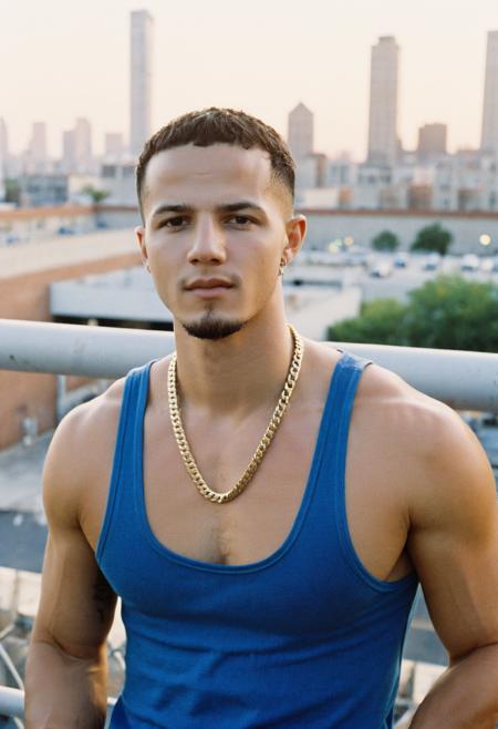 00013-920767211-analog photography aesthetic, chain, headshot photo of jordan_torres, wearing a blue tank top, blurred urban city background, 35.png